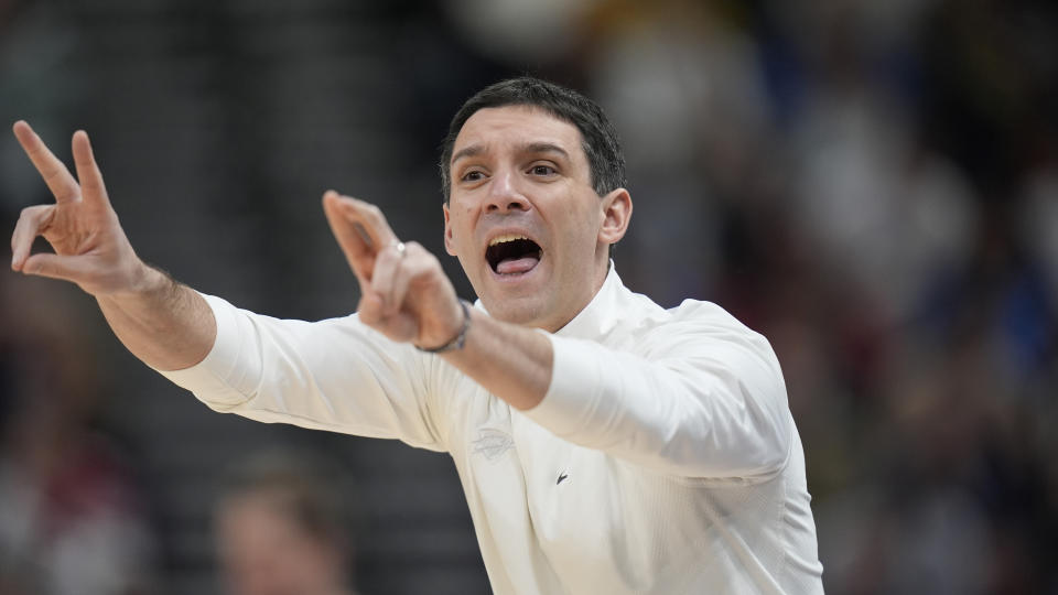 Oklahoma City Thunder head coach Mark Daigneault shouts to his team during the first half of an NBA basketball game against the Utah Jazz Tuesday, Feb. 6, 2024, in Salt Lake City. (AP Photo/Rick Bowmer)