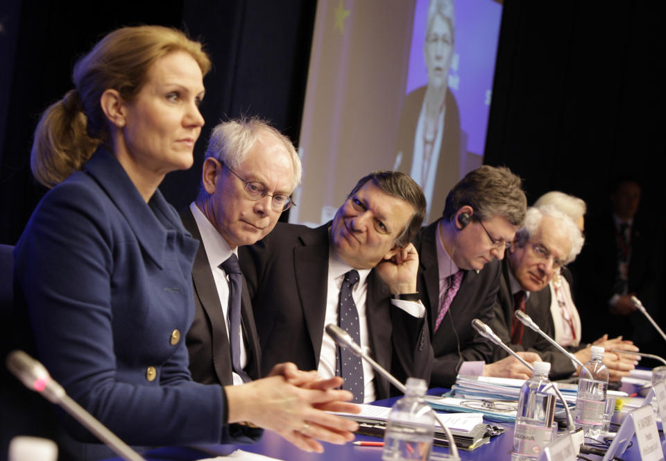 Denmark's Prime Minister Helle Thorning-Schmidt, left, speaks during a media conference at an EU summit in Brussels on Thursday, March 1, 2012. European leaders meet for a two-day summit aimed at tackling unemployment and boosting economic growth in the region. From left, European Council President Herman Van Rompuy, European Commission President Jose Manuel Barroso, EU Commissioner for Employment Laszlo Andor and Secretary General of Business Europe Philippe Buck. (AP Photo/Virginia Mayo)