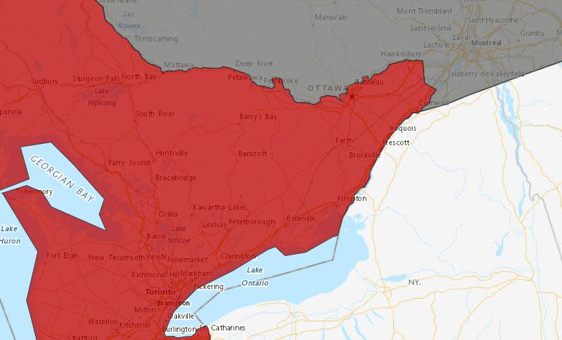 This map shows heat warnings across much of Ontario as of 3:30 p.m. on Sunday, June 16, 2024.