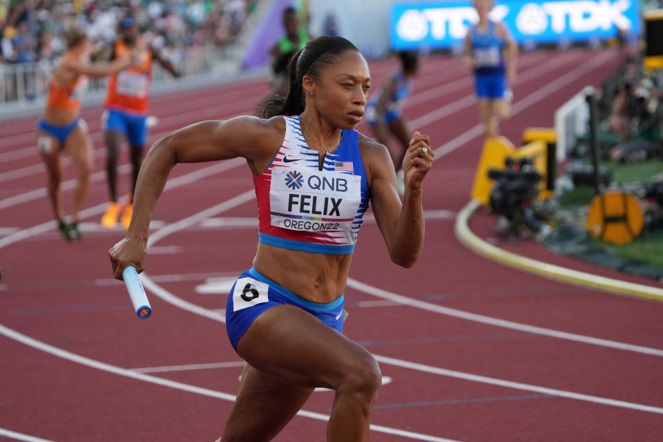 Allyson Felix runs the second leg of the USA mixed 4x400m relay that placed third at the World Athletics Championships at Hayward Field in Eugene, Oregon. (Kirby Lee-USA TODAY Sports)