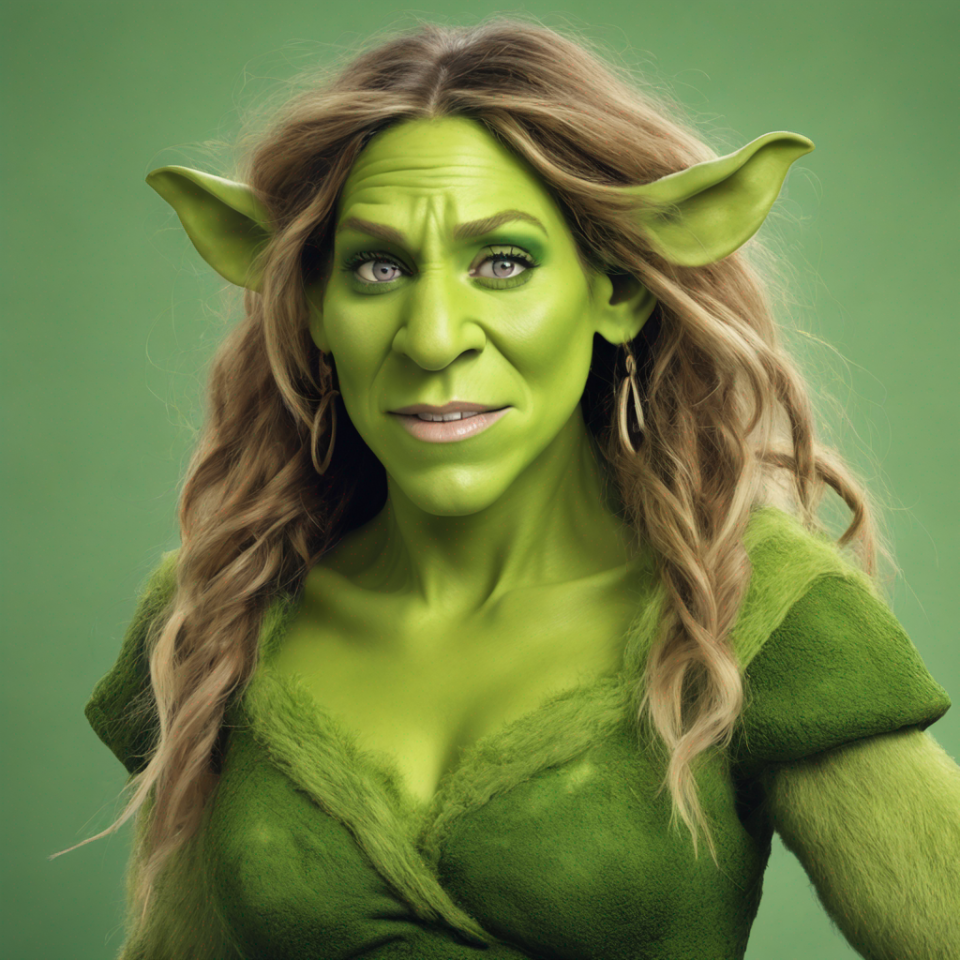 Portrait of a person with green skin, pointed ears, long hair, and wearing a V-neck top, resembling Shrek's Fiona