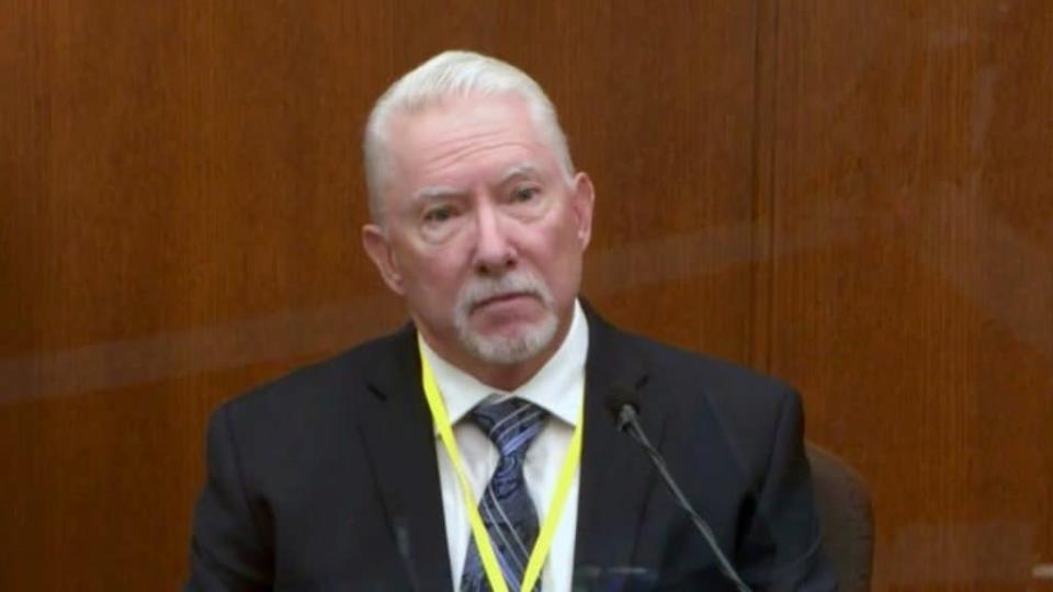 Barry Brodd (above), a former police officer, shown testifying for the defense in the Derek Chauvin trial. (ABC)