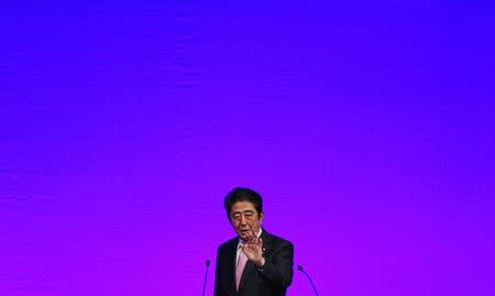 Japan's Prime Minister Shinzo Abe delivers a speech during the ruling Liberal Democratic Party (LDP) annual convention in Tokyo, in this file picture taken January 19, 2014. REUTERS/Yuya Shino/Files