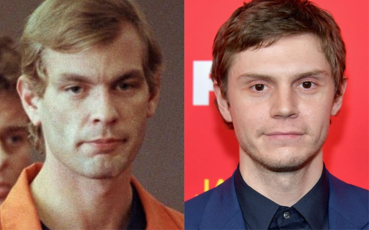 Le tueur en série Jeffrey Dahmer en 1991, Evan Peters en 2018 - Eugene Garcia - Neilson Barnard - AFP
