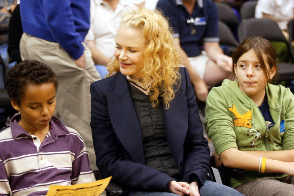 LOS ANGELES - DECEMBER 25:  Actress Nicole Kidman and her children Connor (L) and Isabella (R) attend a game between the Los Angeles Lakers and the Miami Heat at the Staples Center December 25, 2004 in Los Angeles, California. NOTE TO USER: User expressly acknowledges and agrees that, by downloading and/or using this Photograph, User is consenting to the terms and conditions of the Getty Images License Agreement.  (Photo by Matthew Simmons/Getty Images)  