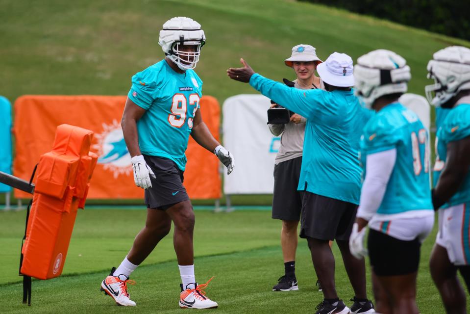 Jul 24, 2024; Miami Gardens, FL, USA; Miami Dolphins defensive tackle Calais Campbell (93) works out during training camp at Baptist Health Training Complex. Mandatory Credit: Sam Navarro-USA TODAY Sports