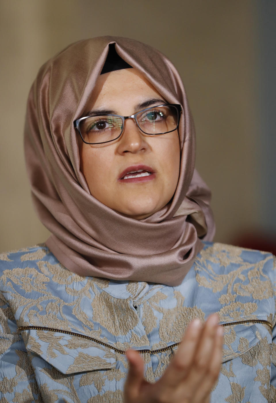 Hatice Cengiz, the fiancee of slain Saudi journalist Jamal Kashoggi talks to The Associated Press in Istanbul, Tuesday, Oct. 1, 2019. Speaking on the eve of the anniversary of his death, Cengiz said she feels apprehensive about returning to the site where he was killed for a commemorative ceremony but takes strength from the fact that she will not be alone. Cengiz said: "Last year, I waited for Jamal alone. This year the whole world will be waiting with me for Jamal, and for justice for Jamal''. (AP Photo/Lefteris Pitarakis)