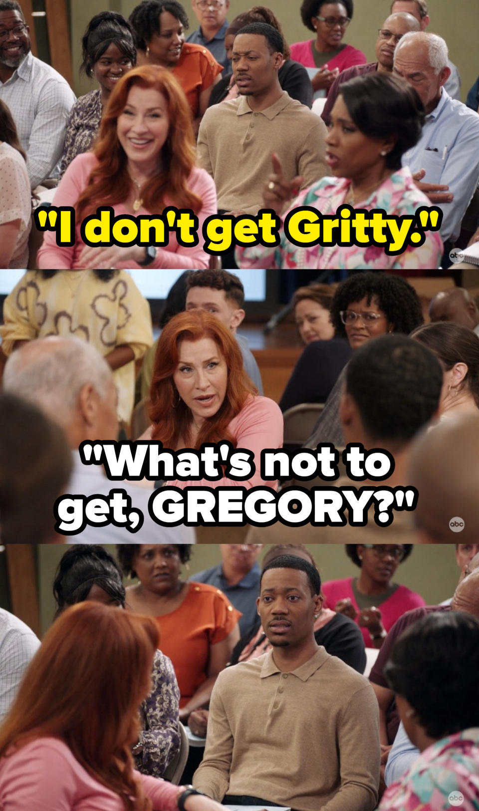 scene from abbott elementary where gregory says he doesn't get gritty and melissa angrily asks him what's not to get