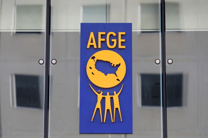 FILE PHOTO: The logo of the American Federation of Government Employees (AFGE) is seen on the outside of their headquarters in Washington, D.C.