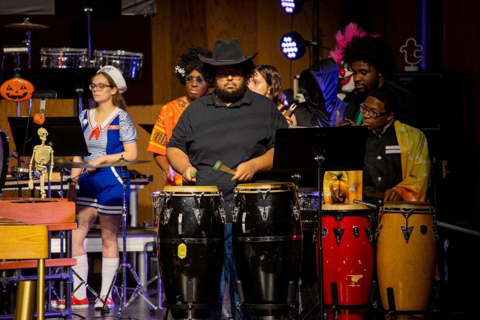 Students get into the Halloween spirit by dressing in full costume for Austin Peay State University's 38th Annual Percussion Ensemble Halloween Concert in 2022.