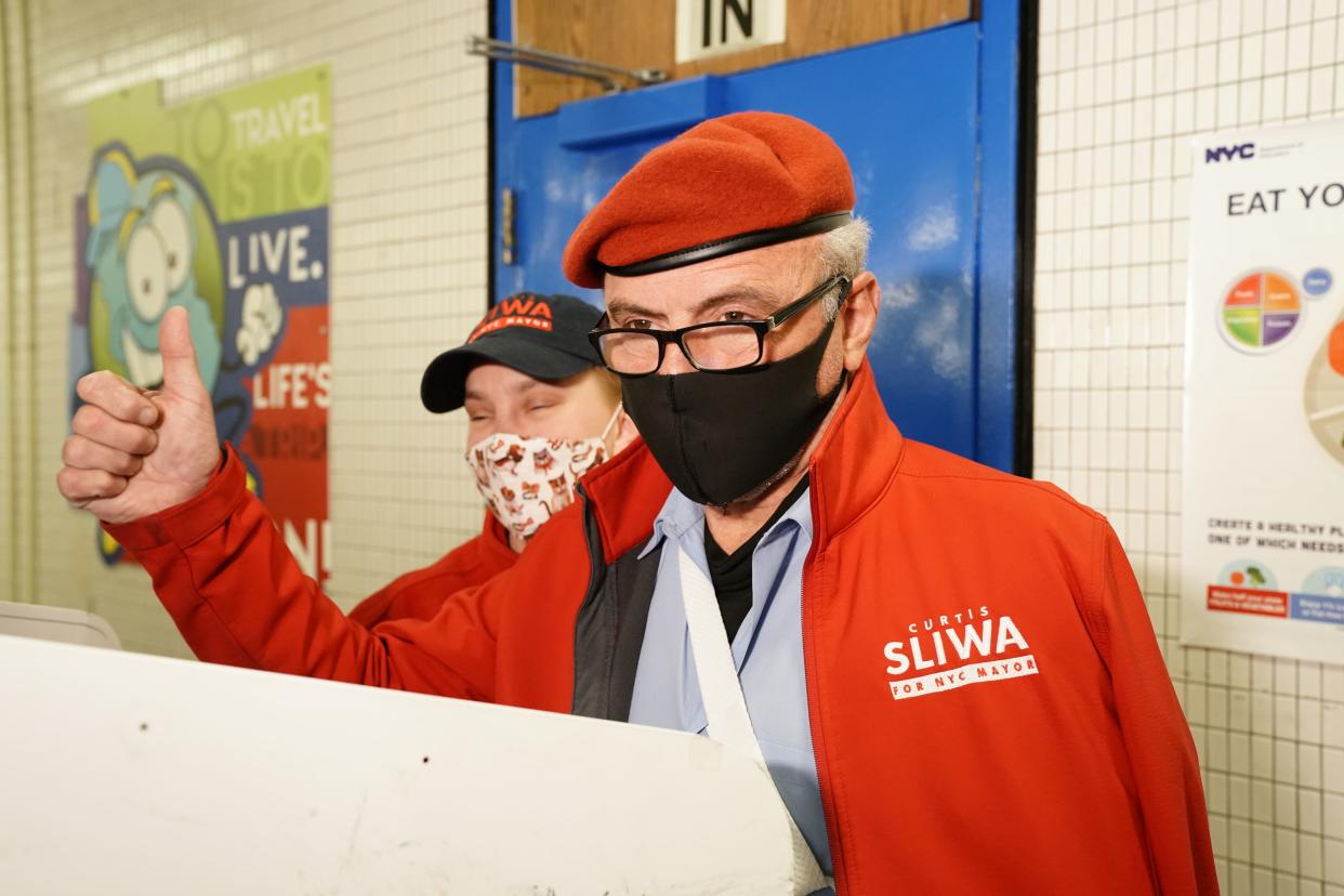 Curtis Sliwa votes at Frank McCourt High School on W. 85th St. on Nov. 2, 2021, in Manhattan, New York.