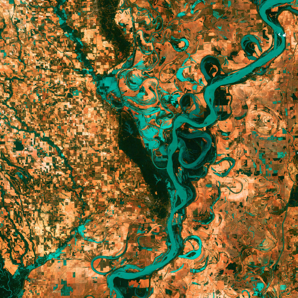 Small, blocky shapes of towns, fields, and pastures surround the graceful swirls and whorls of the Mississippi River, the largest river system in North America. Countless oxbow lakes and cutoffs accompany the meandering river south of Memphis, Tennessee, on the border between Arkansas and Mississippi. (Credit: NASA Goddard Space Flight Center/USGS)