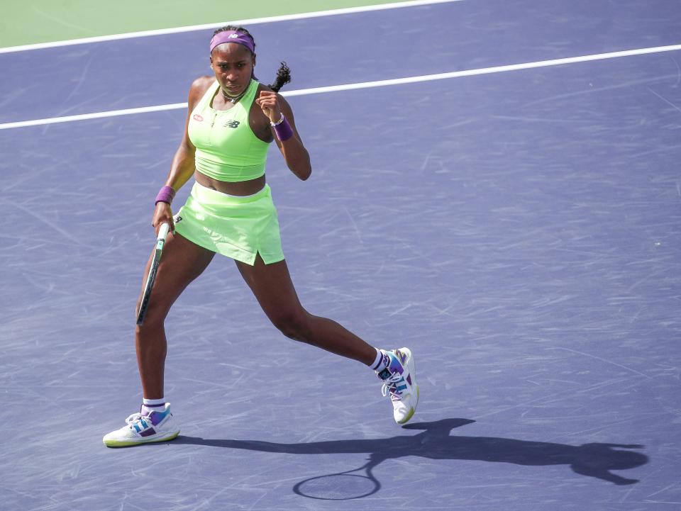 Coco Gauff celebrates a point win during her match against Clara Burel during the BNP Paribas Open in Indian Wells, Calif., March 9, 2024.