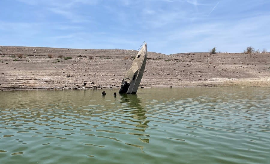 A large boat re-emerges from Lake Mead as lake levels continue to drop. (Photo: Travis Pardee)