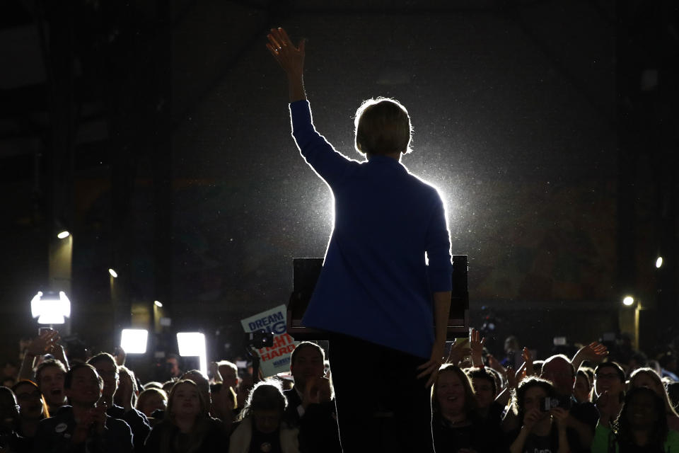 Sen. Elizabeth Warren, D-Mass., speaks during a primary election night rally on March 3, 2020, at Eastern Market in Detroit. (Patrick Semansky/AP)