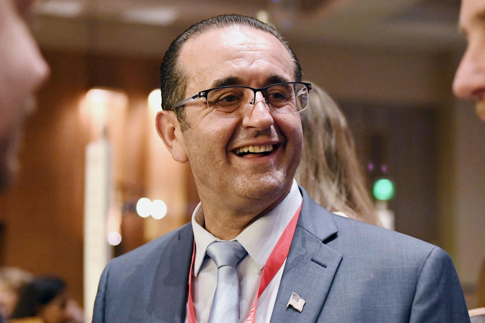 FILE — Republican candidate for U.S. Senate Peter Lumaj talks to delegates at the State Republican Convention, May 7, 2022, in Mashantucket, Conn. (AP Photo/Jessica Hill, File)