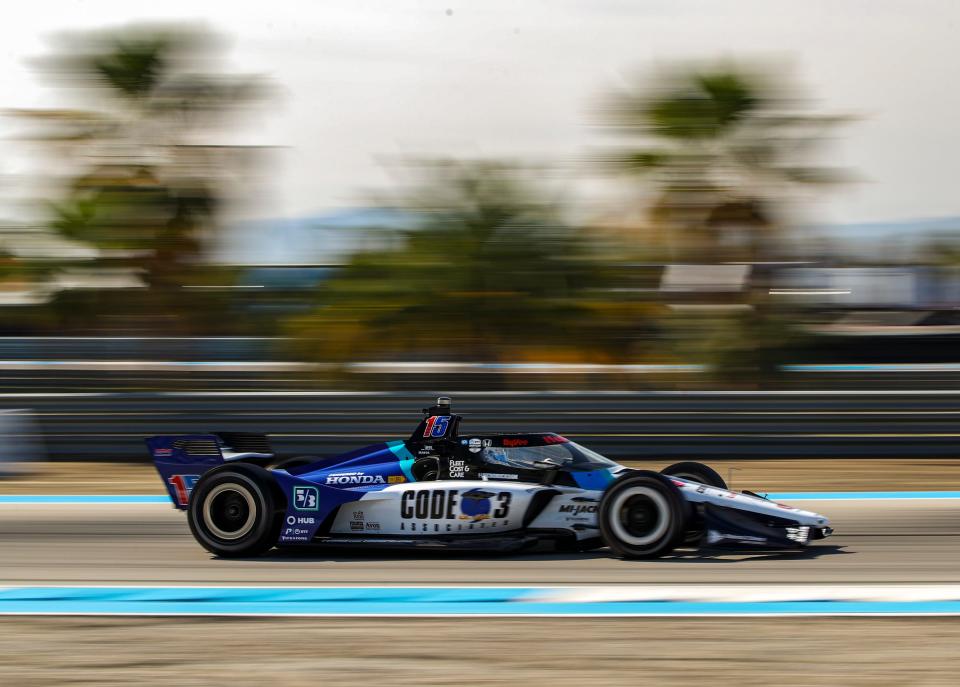 Graham Rahal of Rahal Letterman Lanigan Racing exits turn 13 during the first test session of the $1 Million Challenge at The Thermal Club in Thermal, Calif., Friday, March 22, 2024.