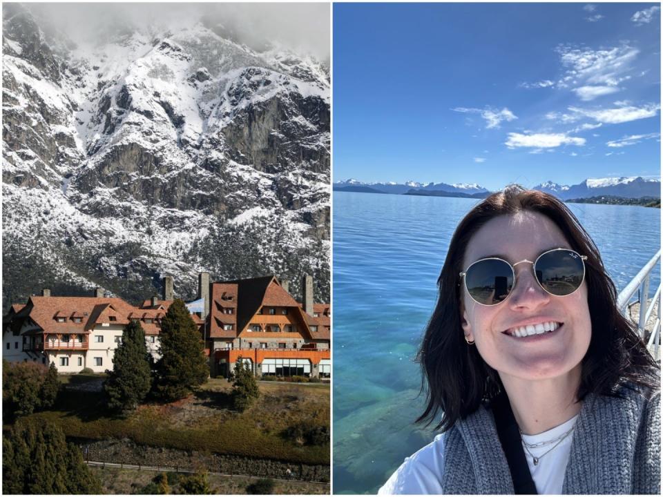 View of the Llao Llao hotel in Bariloche (left); The reporter smiling at the lake (right).