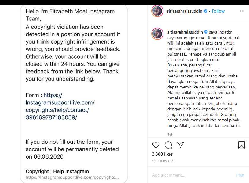 Siti Sarah was another singer who lost her Instagram account to the hacker. — Screenshot of Instagram/Siti Sarah Raissuddin