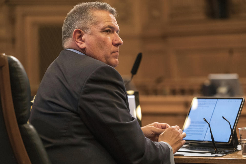 Supervisor Matt Dorsey listens to public comment at the San Francisco Board of Supervisors meeting in San Francisco, Monday, Jan. 8, 2024. The city's board of supervisors is taking up a controversial resolution calling for a sustained cease-fire in Gaza, a resolution that pro-Palestinian and Jewish peace groups have successfully pushed through in other cities. (AP Photo/Nic Coury)