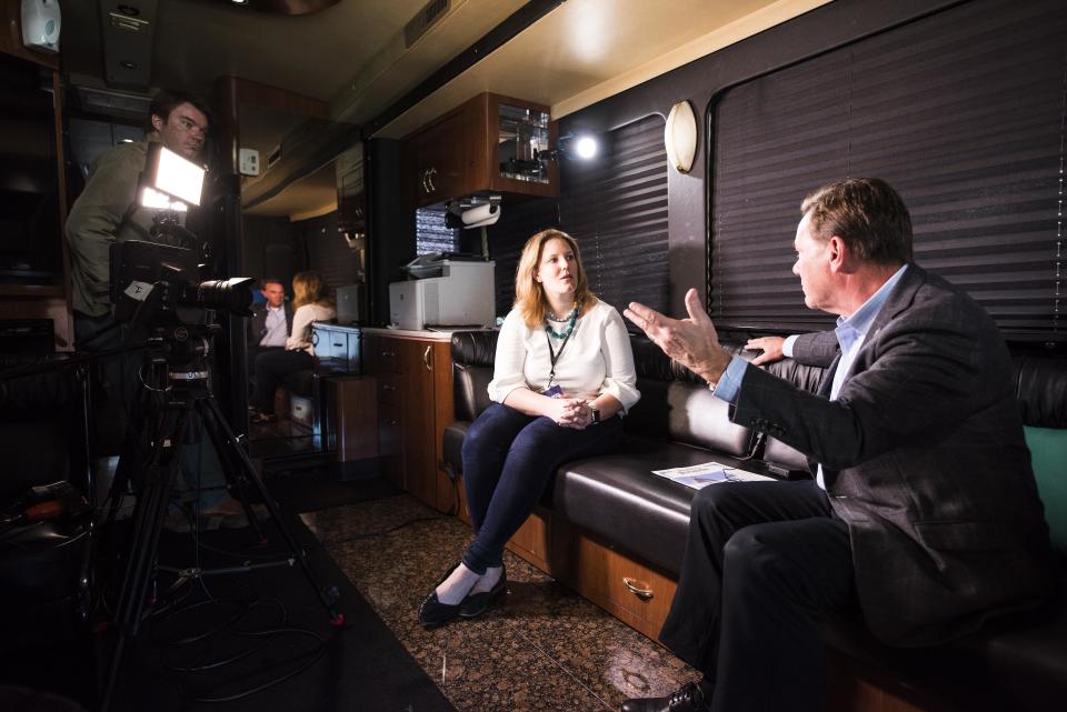 Kate Palmer interviews Eskridge on the bus.