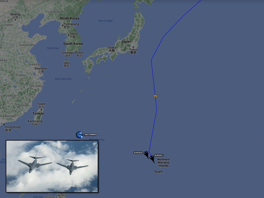 美國空軍奉命執行「轟炸機特遣支隊」任務，派遣至少4架B-1B「槍騎兵」(Lancer)重型長程戰略轟炸機進駐關島安德生空軍基地。   圖：翻攝@AircraftSpots推特