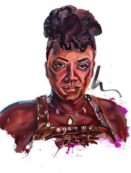 Viola Davis in the "Woman King." Illustration by Désirée Kelly/For the Times