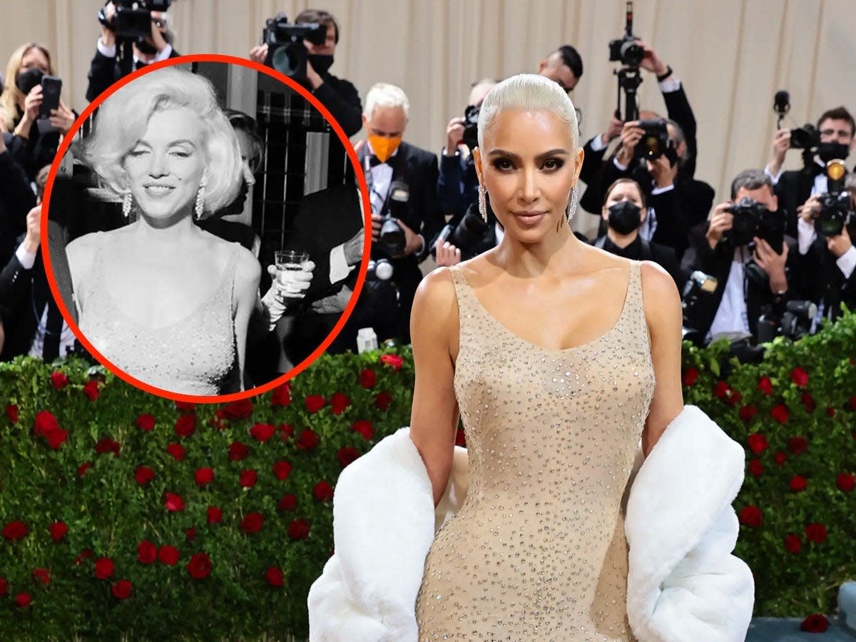 A photo of Kim Kardashian at the 2022 Met Gala with an inset of Marilyn Monroe.