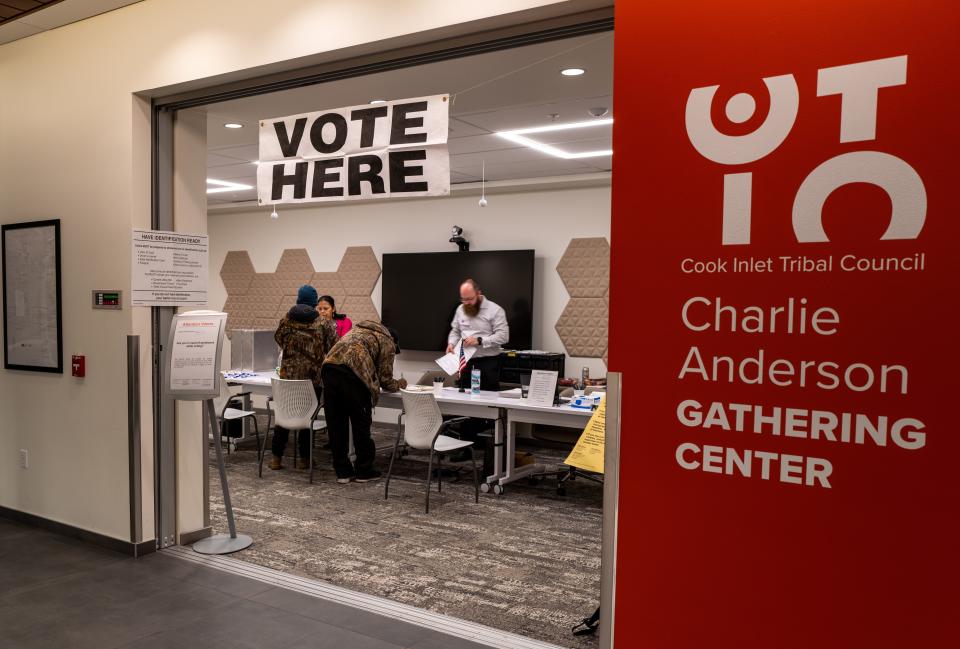 People participate in voting in the upcoming midterm elections at a Native Alaskan voting station at Cook Inlet Tribal Council on November 01, 2022 in Anchorage, Alaska.