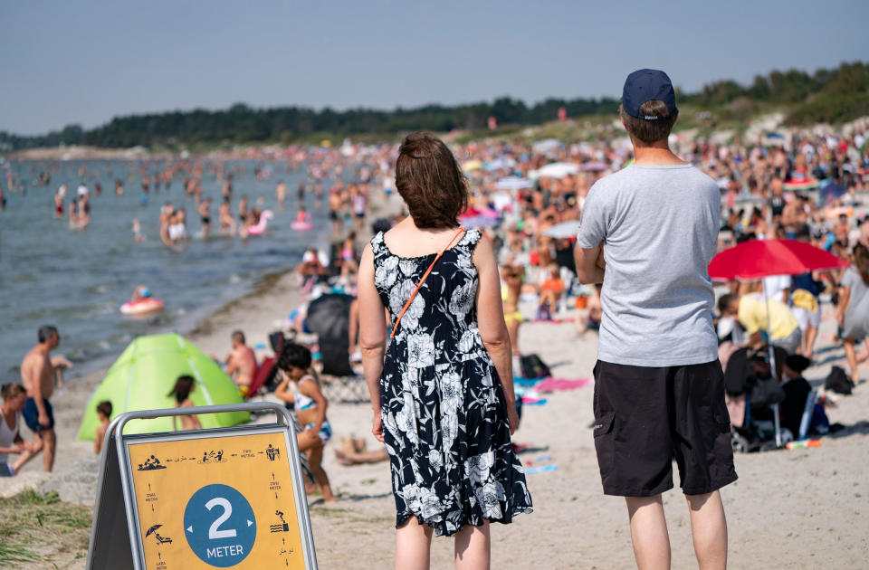 People on a crowded beach in Lomma, Sweden on Aug. 16, 2020.<span class="copyright">Johan Nilsson—TT/Sipa</span>