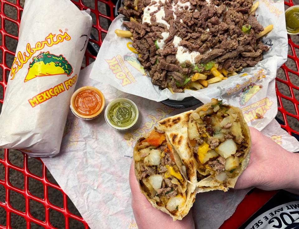A late-night feast at Filiberto's, with an Arizona burrito and carne asada French fries.