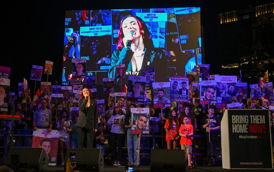 Eurovision contestant Eden Golan, performs her unsung version of Hurricane at a rally calling for the release of hostages in Tel Aviv