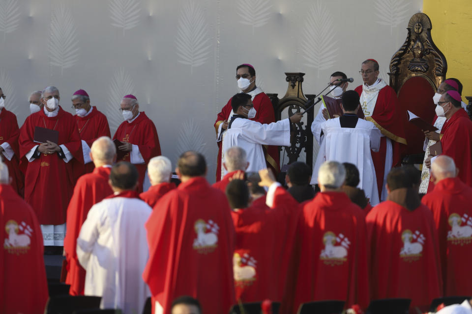 Salvadoran Cardinal Gregorio Rosa Chavez speaks during the ceremony to beatify two priests and two lay people, all victims of right-wing death squads during El Salvador’s civil war, in San Salvador, El Salvador, Saturday, Jan. 22, 2022. (AP Photo/Salvador Melendez)