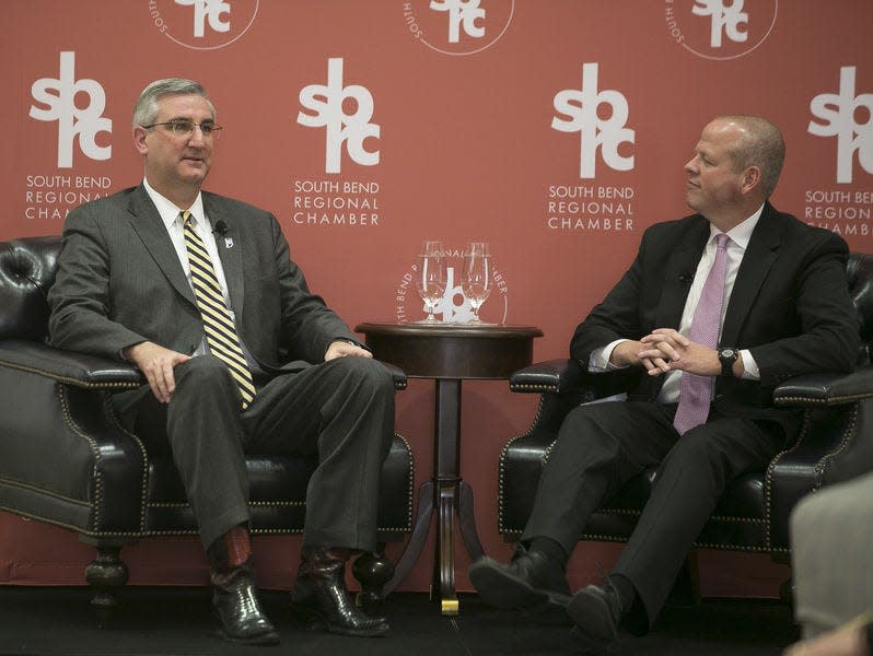 Jeff Rhea holds a question-and-answer session with Indiana Gov. Eric Holcomb during a luncheon at Notre Dame Friday March 3, 2017. Tribune Photo/SANTIAGO FLORES