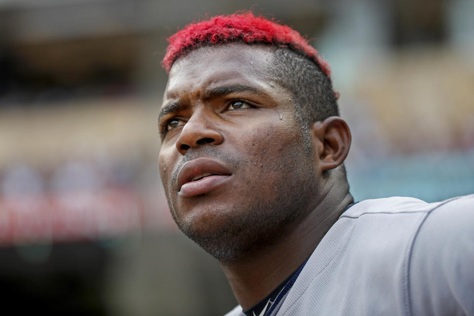 Aug 11, 2019; Minneapolis, MN, USA; Cleveland Indians right fielder Yasiel Puig (66) watches the game against the Minnesota Twins at Target Field. Mandatory Credit: Bruce Kluckhohn-USA TODAY Sports