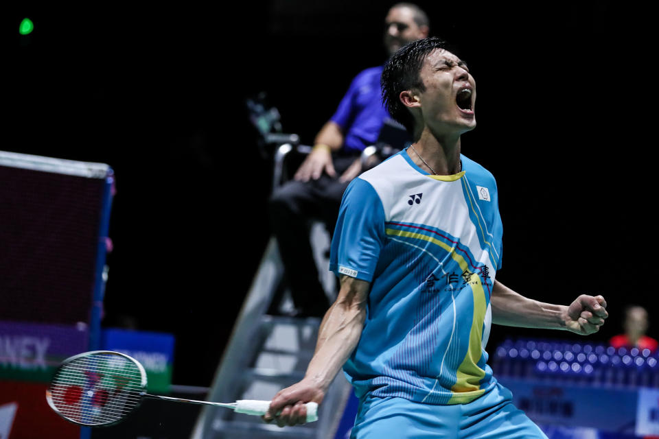 BASEL, SWITZERLAND - AUGUST 19: Chou Tien Chen of Chinese Taipei celebrates the victory in the Men's Singles first round match against Hans-Kristian Solberg Vittinghus of Denmark during day one of the Total BWF World Championships at St. Jakobshalle on August 19, 2019 in Basel, Switzerland. (Photo by Shi Tang/Getty Images)