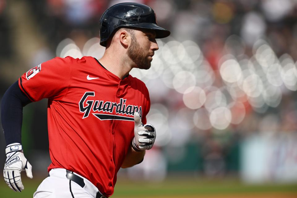 Aug 7, 2024; Cleveland, Ohio, USA; Cleveland Guardians first baseman David Fry (6) rounds the bases after hitting a home run during the second inning against the Arizona Diamondbacks at Progressive Field. Mandatory Credit: Ken Blaze-USA TODAY Sports