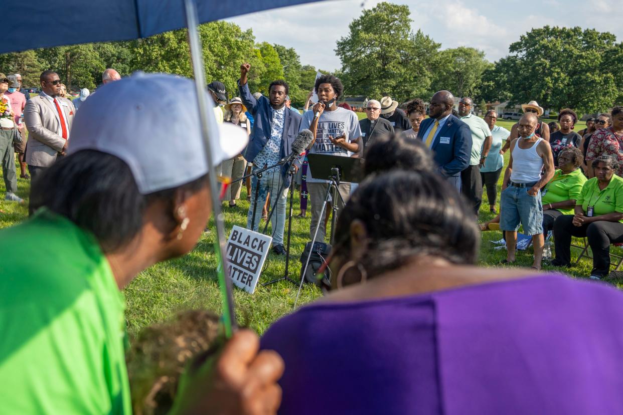 Jorden Giger from Black Lives Matter South Bend speaks during a community-led vigil on Monday, August 1, 2022 following the fatal police shooting of Dante Kittrell on Friday, July 29.