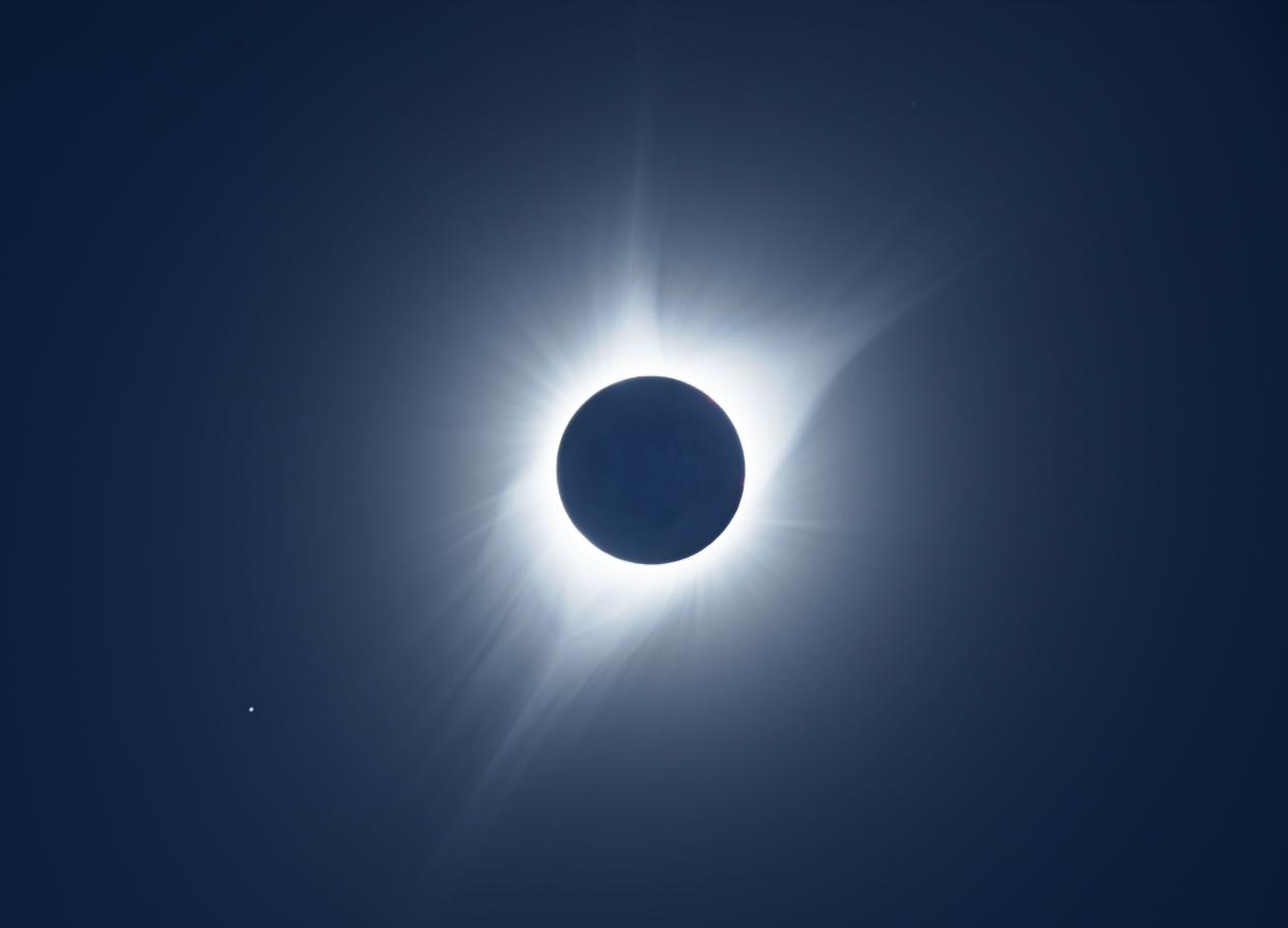 Aldrich Astronomical Society member Len DiPinto captured the Aug. 21, 2017 solar eclipse in a photo taken in Tetonia, Idaho. A solar eclipse is set to take place April 8, with near-totality expected to be viewable in Massachusetts, weather permitting.