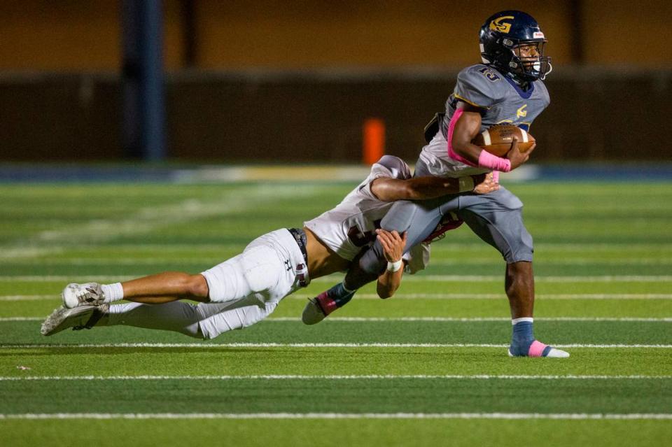 Gautier’s Solomon Baggett gets tackled by East Central during a game against East Central at Gautier High School in Gautier on Friday, Oct. 20, 2023.