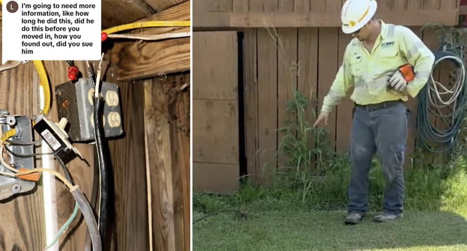 An electrician points to the lawn where a cord was buried