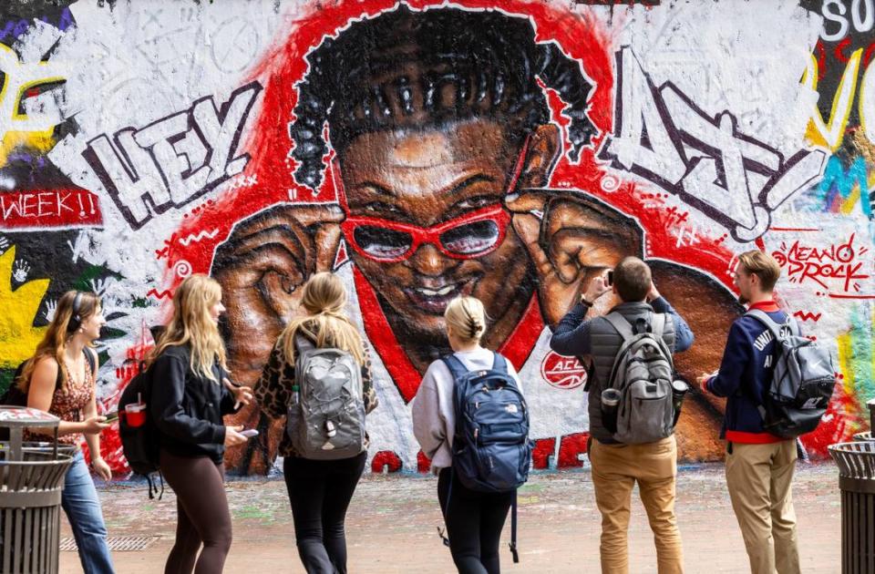 A mural of NC State’s DJ Burns Jr. spans a section of wall at an entrance to the Free Expression Tunnel on the university’s main campus on Thursday, April 4, 2024 as the men’s basketball team readies for the Final Four game on Saturday.