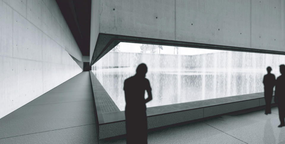 FILE - In this Nov. 19, 2003 artist's rendering provided by the Lower Manhattan Development Corporation, a view of the reflecting pool from inside the National September 11 Museum and Memorial is shown. Faced with hefty operating costs, the foundation building the underground 9/11 museum at the World Trade Center has decided to charge a mandatory admission fee of $20 to $25 when the site opens in 2014. Memorial foundation head Joseph Daniels said Saturday, May 4, 2013, that the museum has little choice. (AP Photo/Lower Manhattan Development Corp., File)