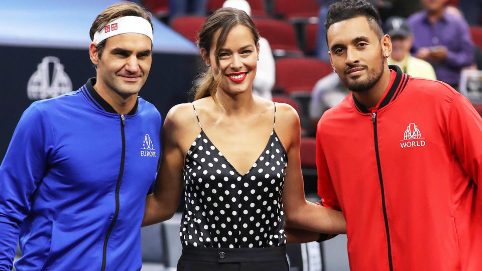 Roger Federer and Nick Kyrgios, pictured here at the 2018 Laver Cup with Ana Ivanovic. 