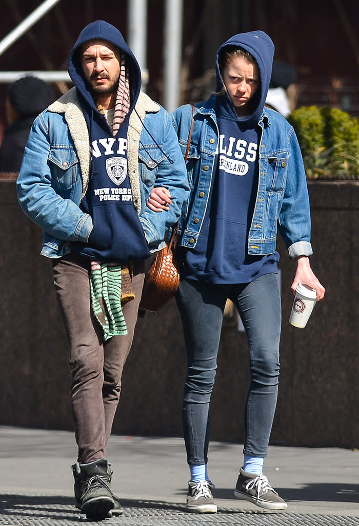 Shia LaBeouf is obviously a firm believer in the idea that the couple who wears the same grungy outfit together stays together. Right? Discuss. (3/10/13)