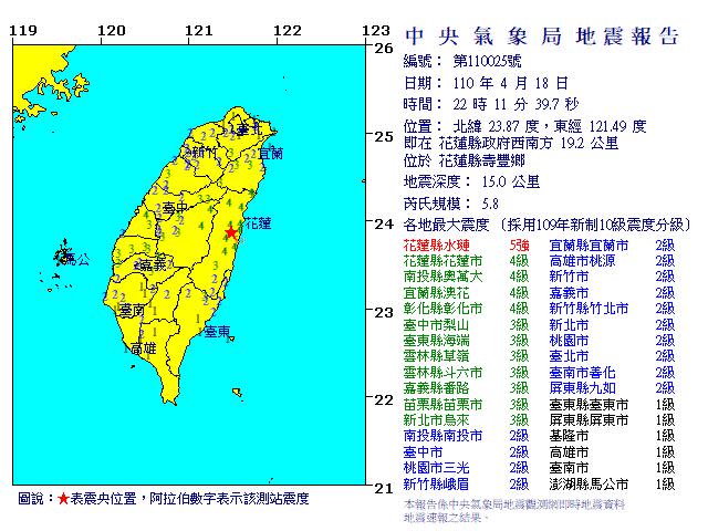 台灣18日晚間10點多連續發生2次地震。（圖／翻攝自氣象局）