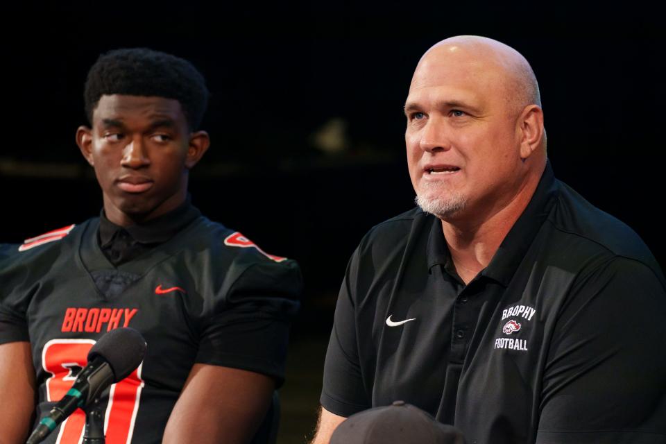 Brophy head coach, Jason Jewell speaks to reporters during Catholic High School Football Media Day at BrophyÕs black box theater on August 5, 2023, in Phoenix, AZ.