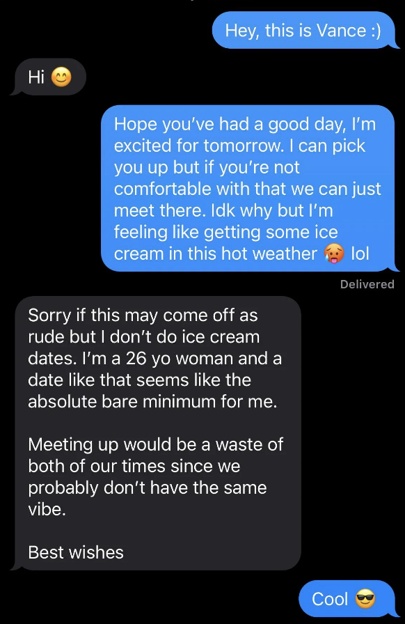 person says they don't do ice cream dates since it seems like the bare minimum