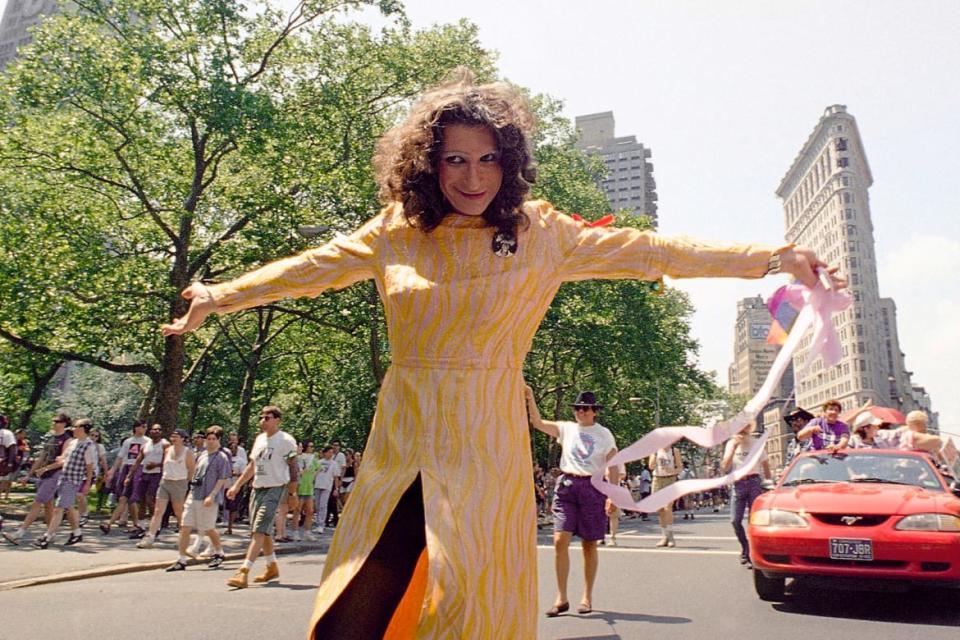 <div class="inline-image__caption"><p>LGBT pioneer Sylvia Rivera leads an ACT-UP march past New York's Union Square Park, June 26, 1994.</p></div> <div class="inline-image__credit">Justin Sutcliffe/AP</div>