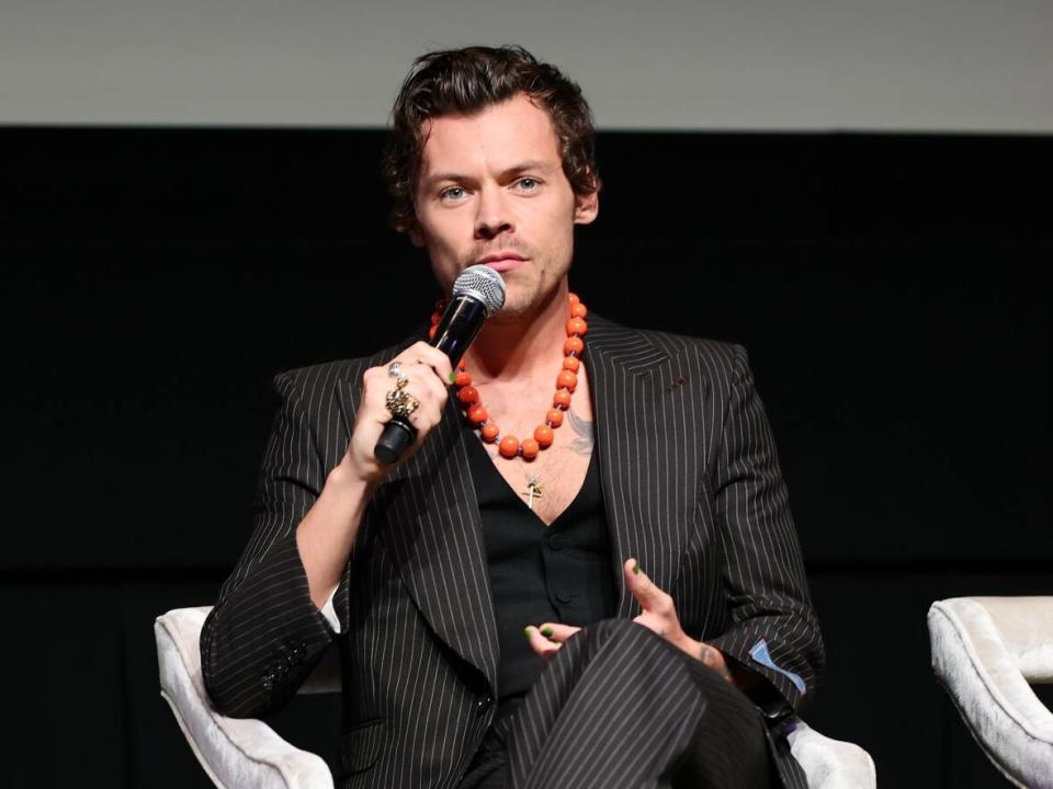 Harry Styles speaks onstage at the My Policeman press conference during the Toronto International Film Festival at TIFF Bell Lightbox on Sept. 11, 2022. (Matt Winkelmeyer/Getty Images - image credit)